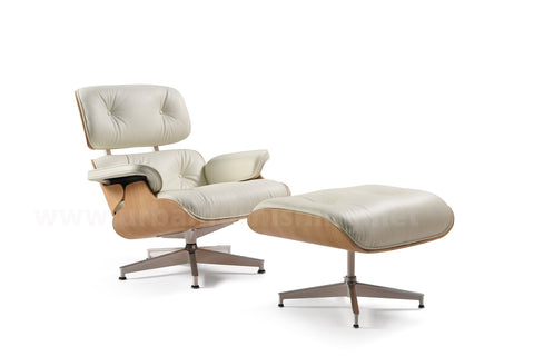 Ivory White Oak Eames Mid-century Style Replica Reproduction Lounge and Ottoman side view 2